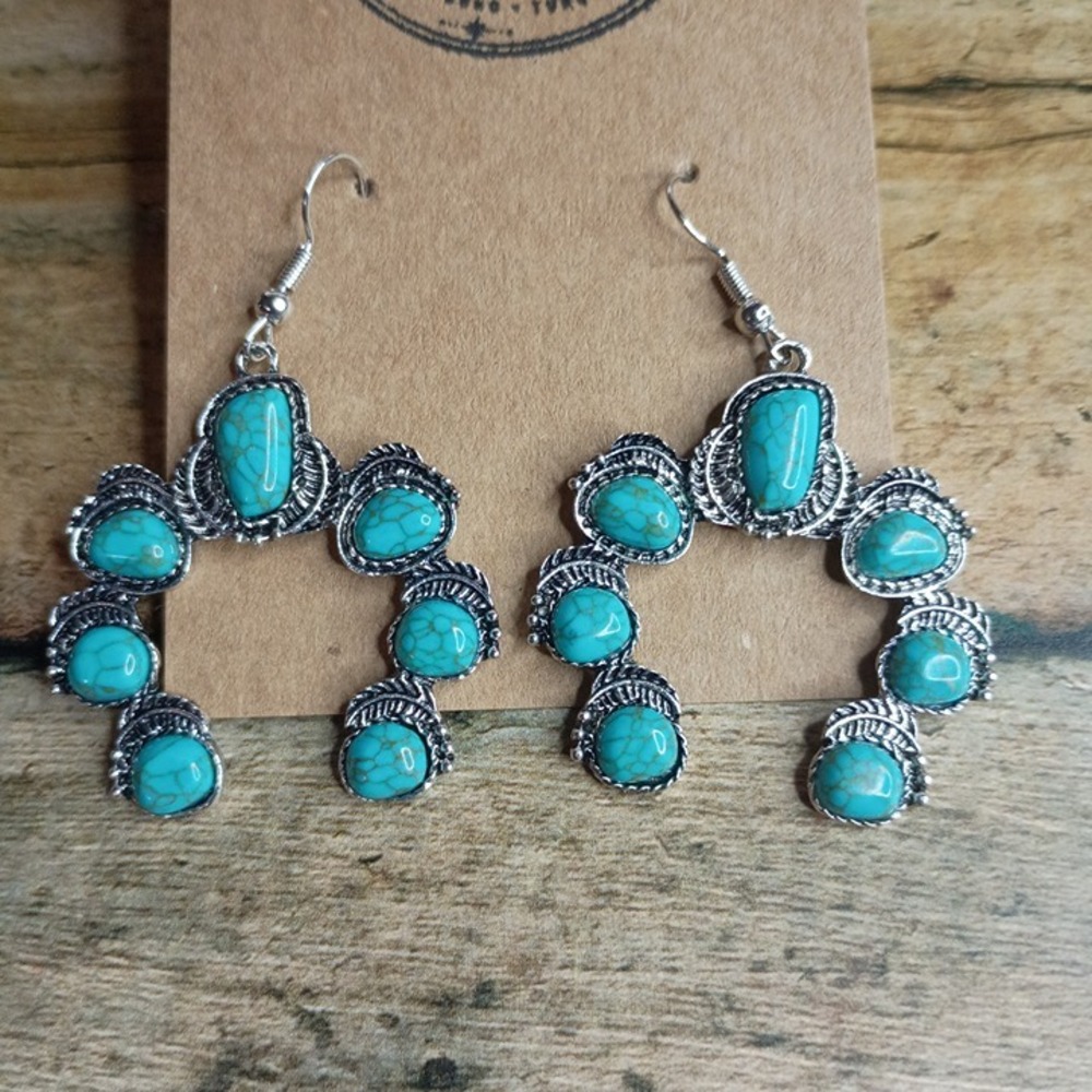 Western Turquoise Squash Blossom Earrings Southwestern Boho Rodeo Dangles